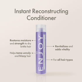 Enjoy Instant Reconstructing Conditioner label close-up highlighting keratin amino acids for strength.