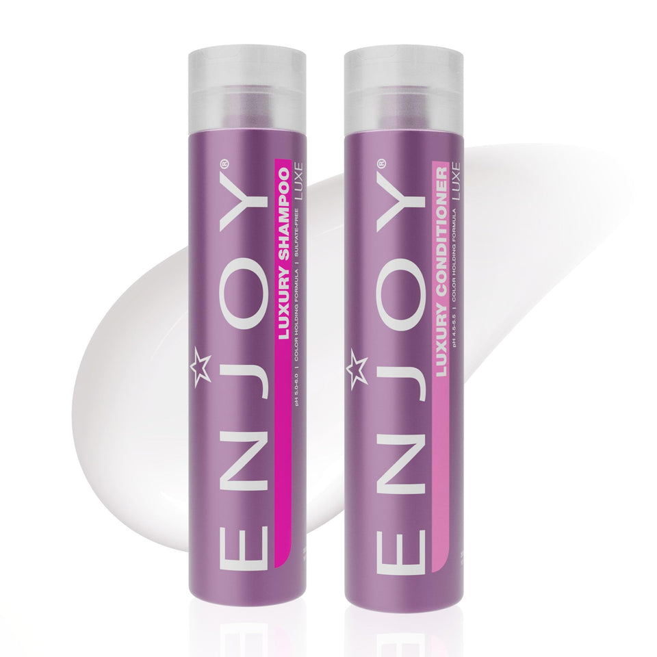 Enjoy Luxury Shampoo Duo bottle pour showing easy dispensing for daily routine