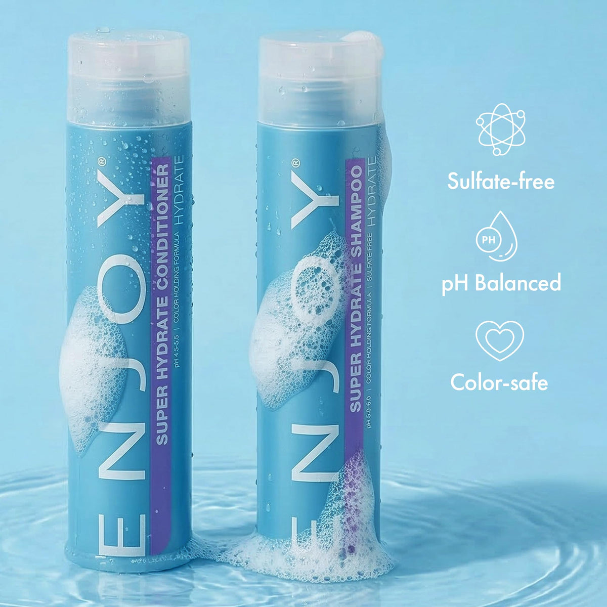 Steam-filled shower scene showing frizz control with Enjoy Shampoo.