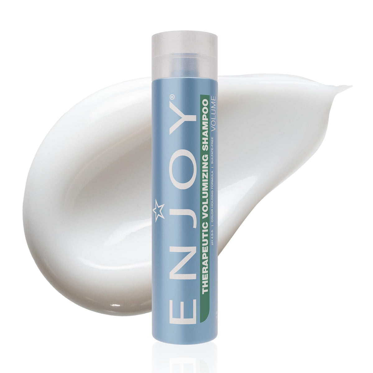 Enjoy Therapeutic Volumizing Shampoo bottle pour showing refreshing scalp-stimulating formula
