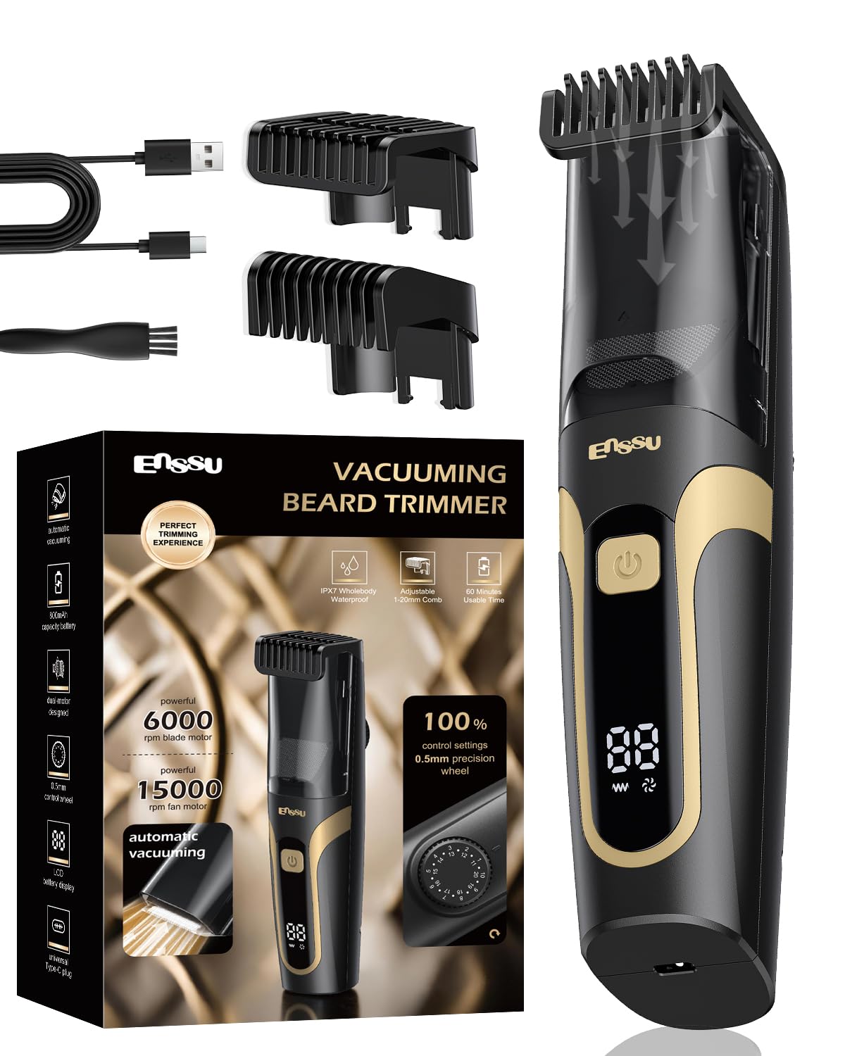ENSSU beard trimmer with vacuum capturing trimmed hairs for a cleaner bathroom