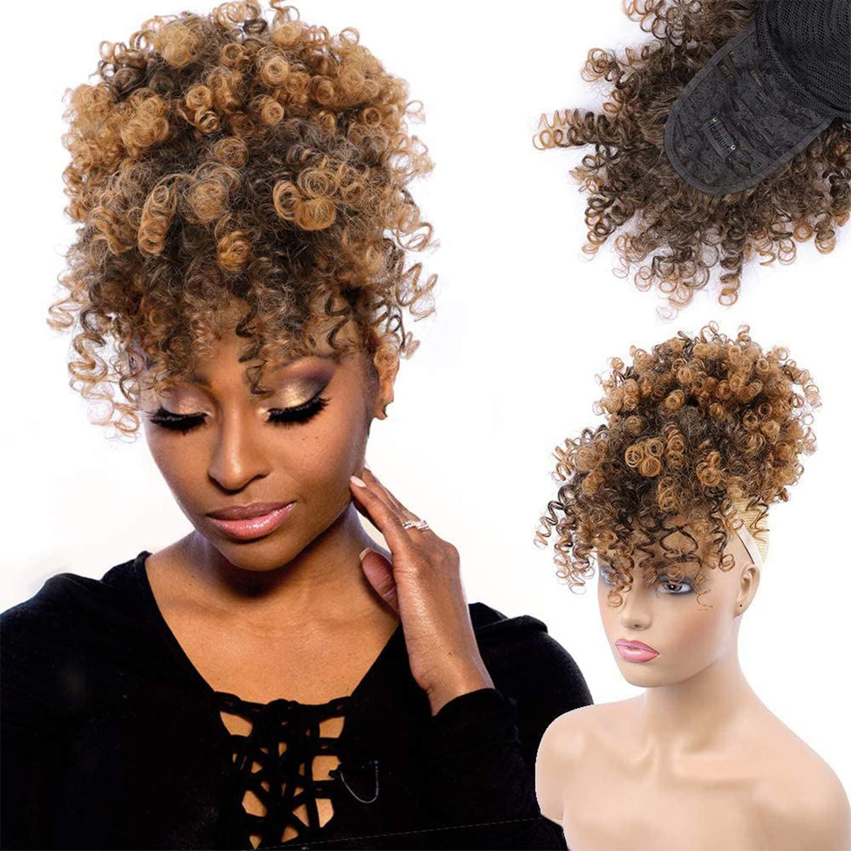 ENTRANCED STYLES Afro Puff with Bangs shows a quick, stylish updo for daily wear