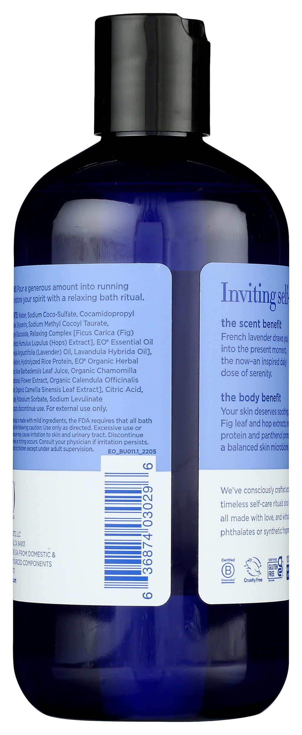 Close-up of EO Serenity Lavender Bubble Bath being poured
