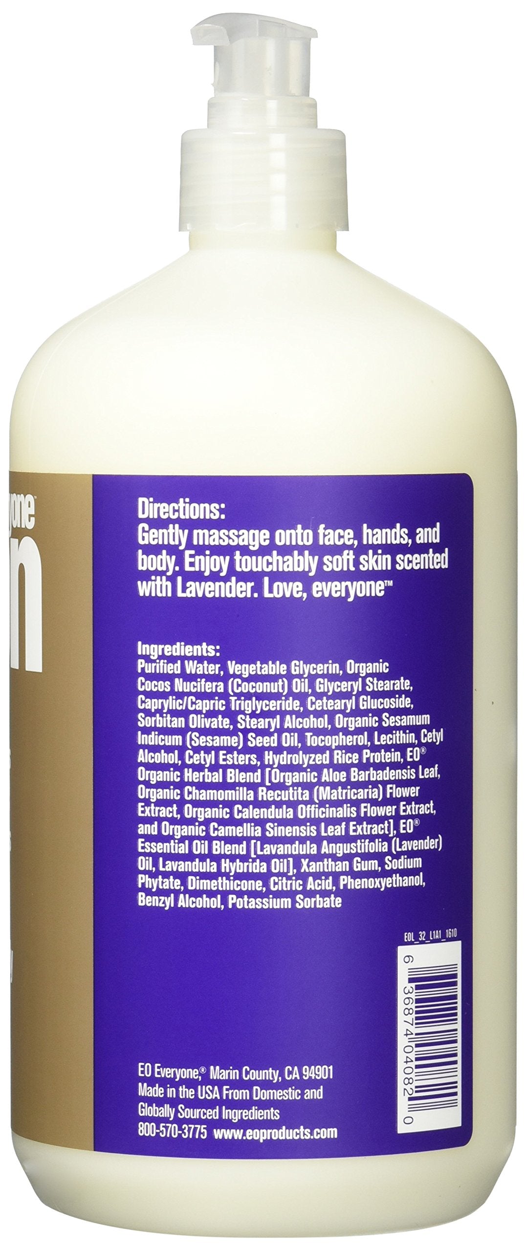 EO EveryOne Lotion label highlights lavender and aloe ingredients