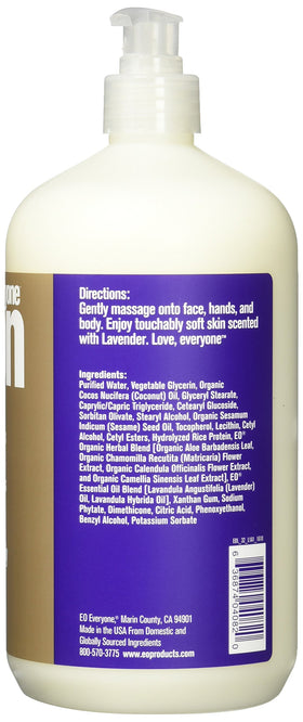 EO EveryOne Lotion label highlights lavender and aloe ingredients