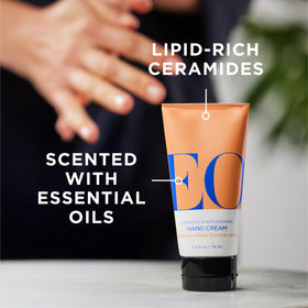 Close-up of EO hand cream bottle highlighting orange blossom vanilla scent