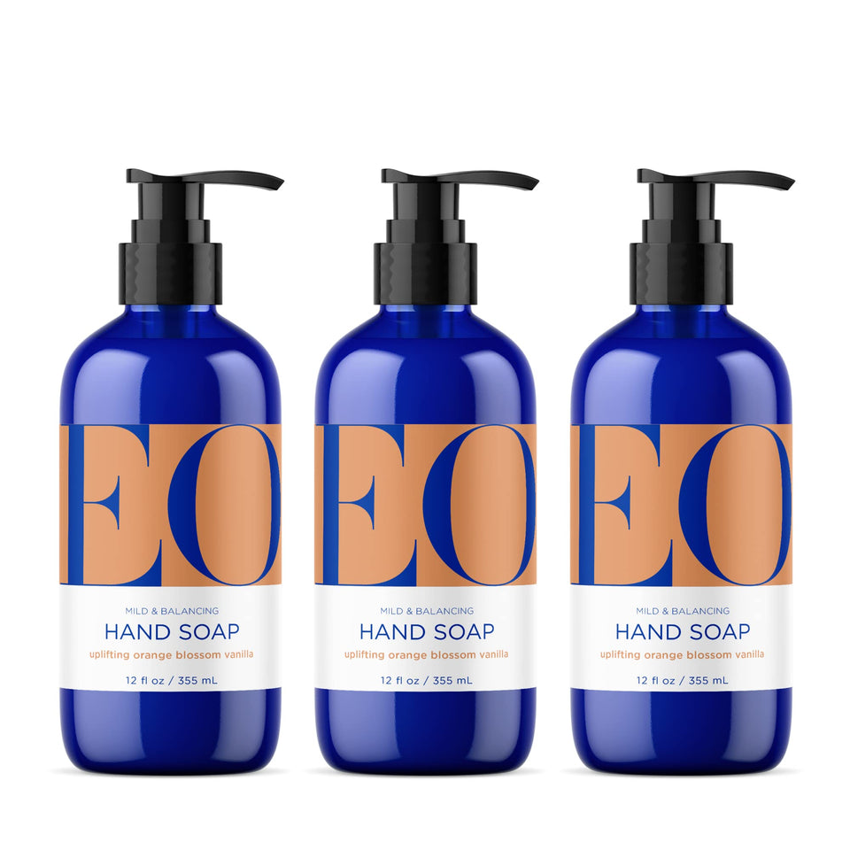 EO liquid hand soap bottle front with orange blossom vanilla fragrance for gentle cleansing