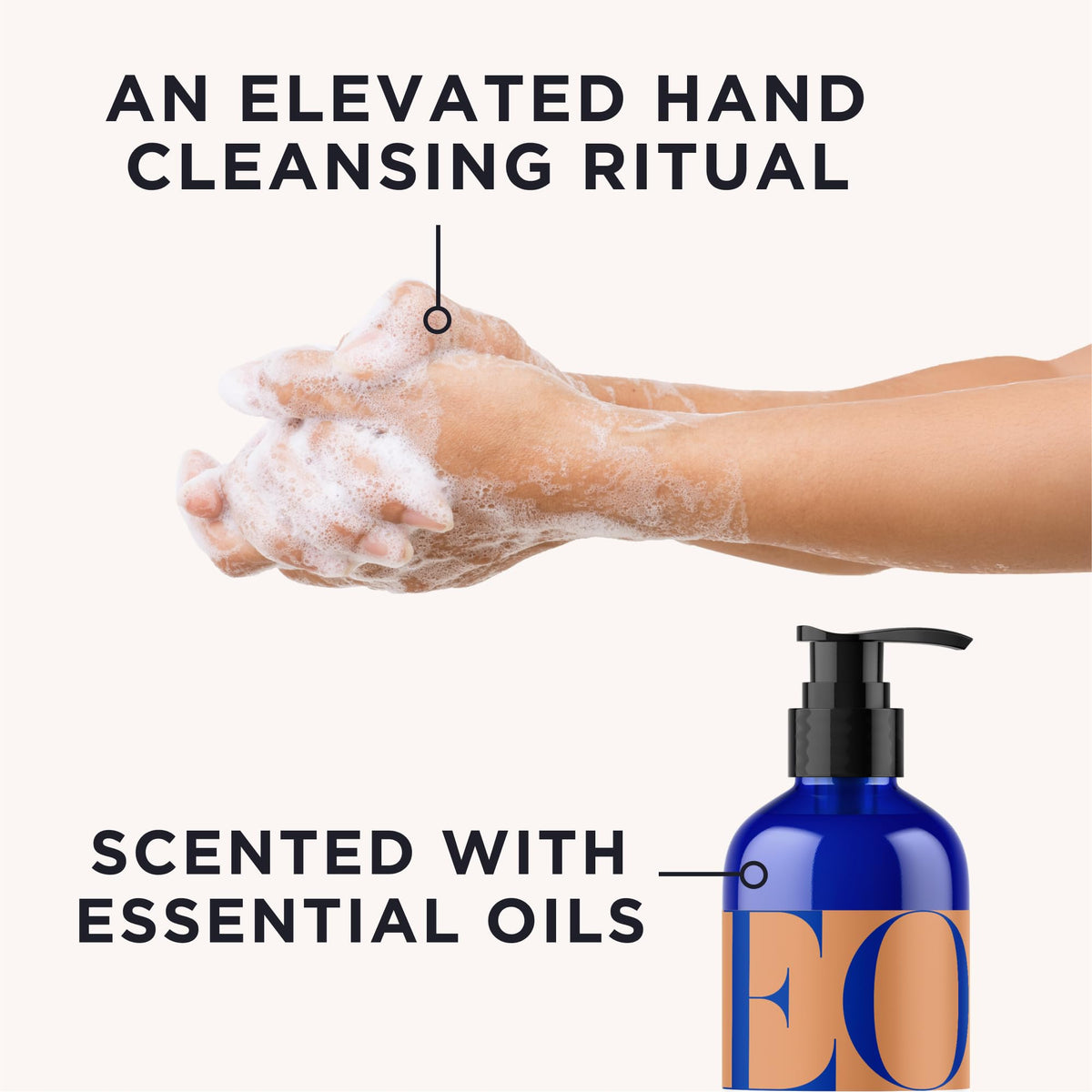 EO liquid hand soap being poured to reveal smooth lather and aroma