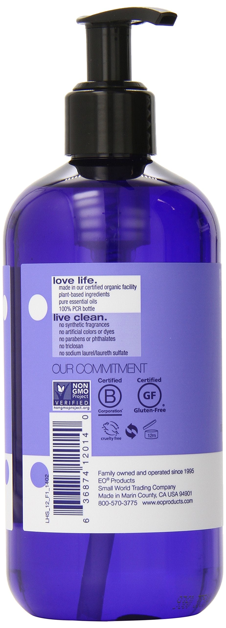 EO lavender hand soap bottle close-up shows natural ingredients and botanicals.