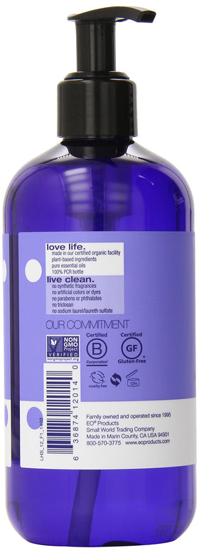 EO lavender hand soap bottle close-up shows natural ingredients and botanicals.