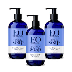 EO lavender hand soap bottle emitting a calming floral scent for daily cleansing.