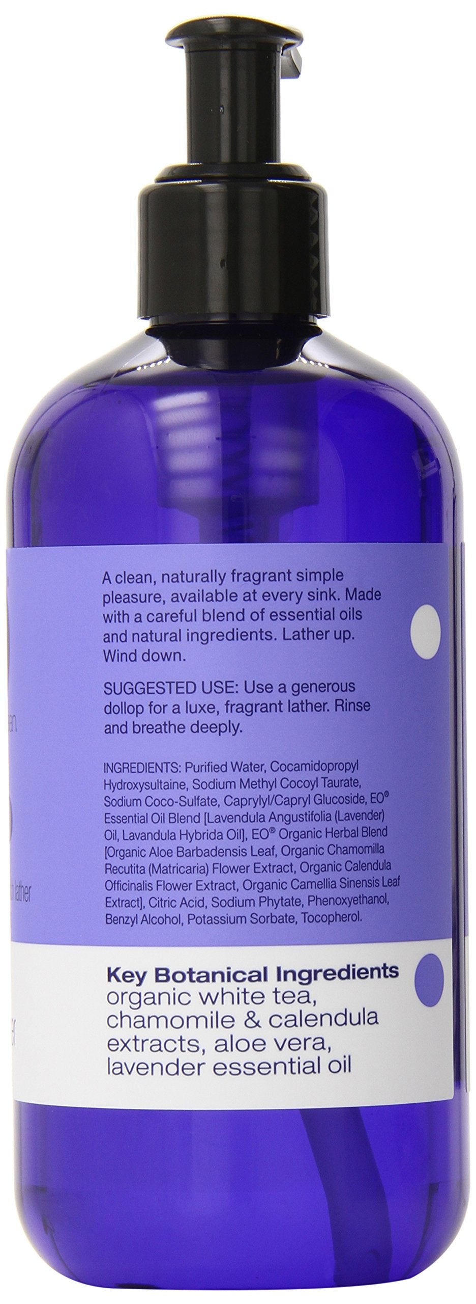 EO sulfate-free hand soap lavender lather highlights gentle plant-based cleansing.