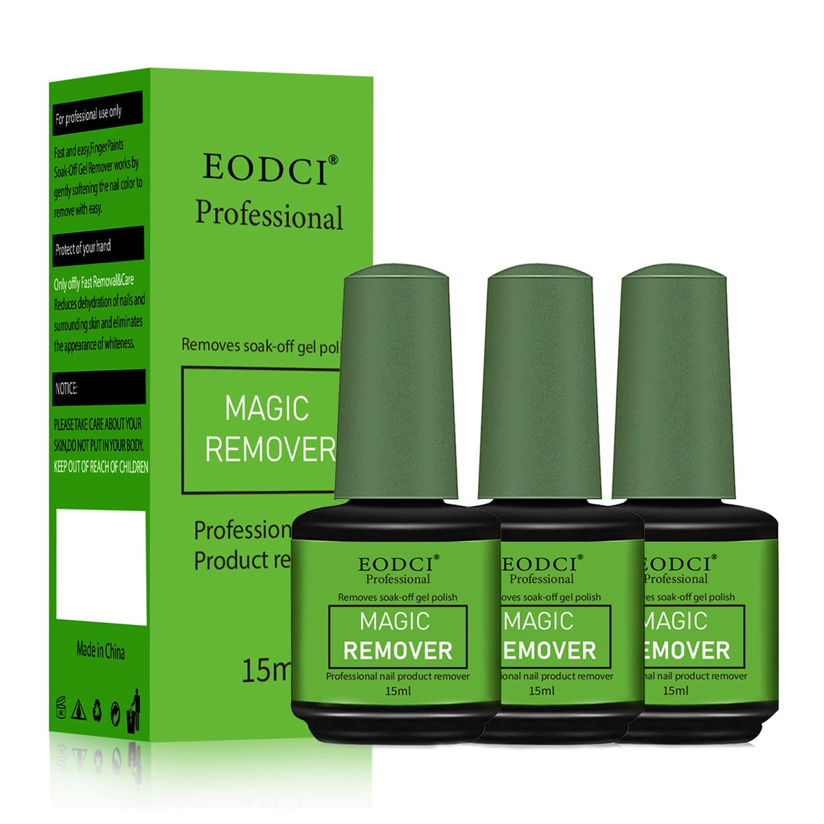 Eodci Magic Nail Polish Remover bottle closeup shows quick gel removal for home use.