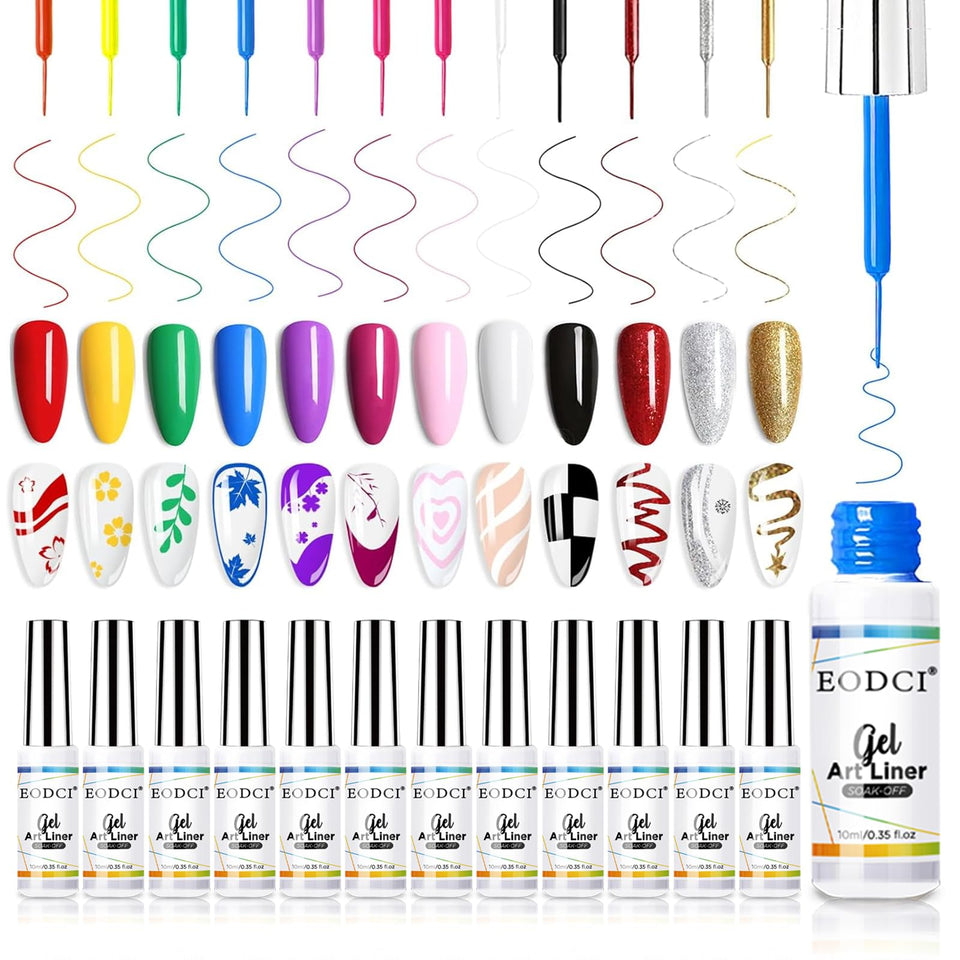 Eodci Nail Art Gel Liner Set color swatches show vibrant options for quick, eye-catching manicures.
