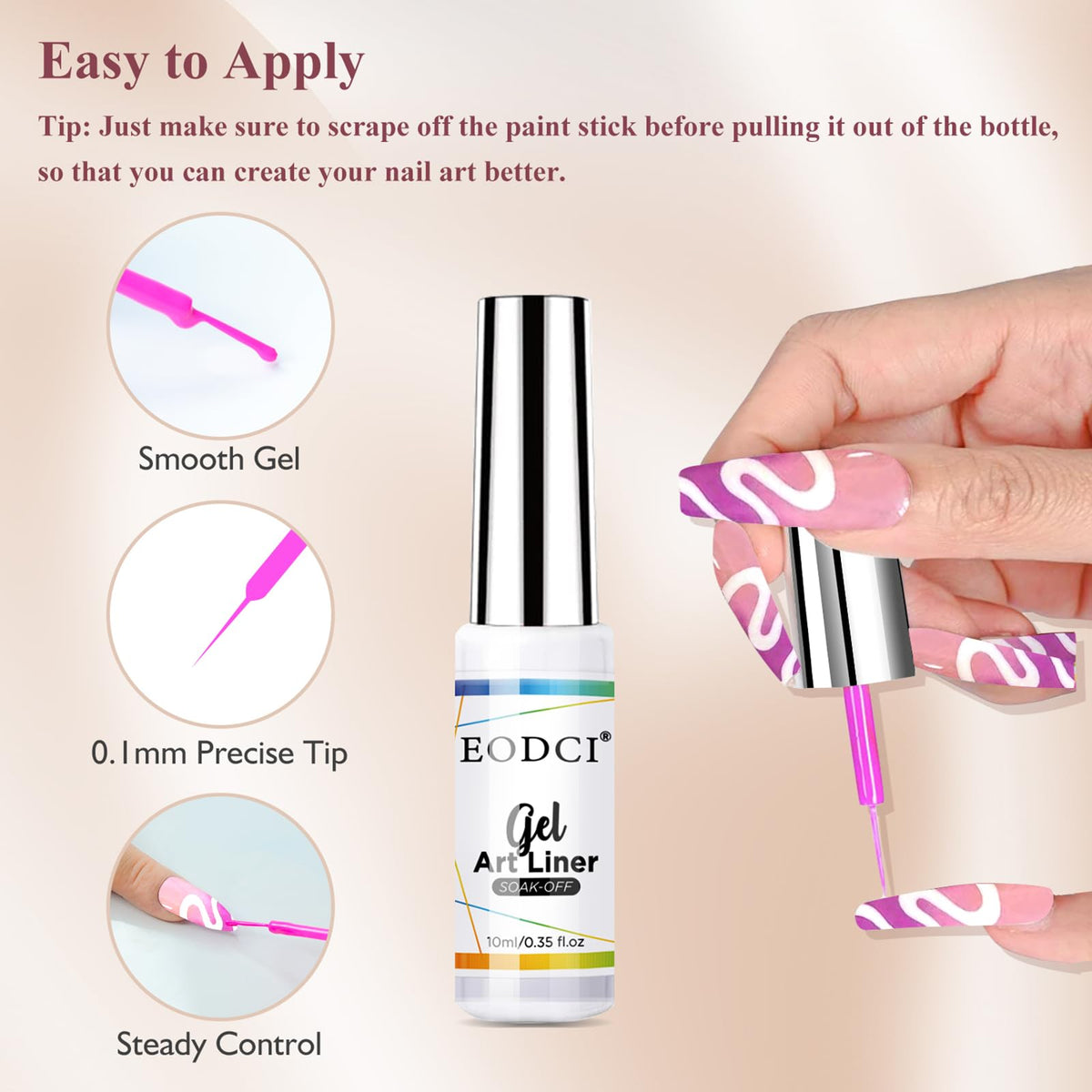 Eodci Nail Art Gel Liner Set includes a thin brush for sharp lines and precise color filling.