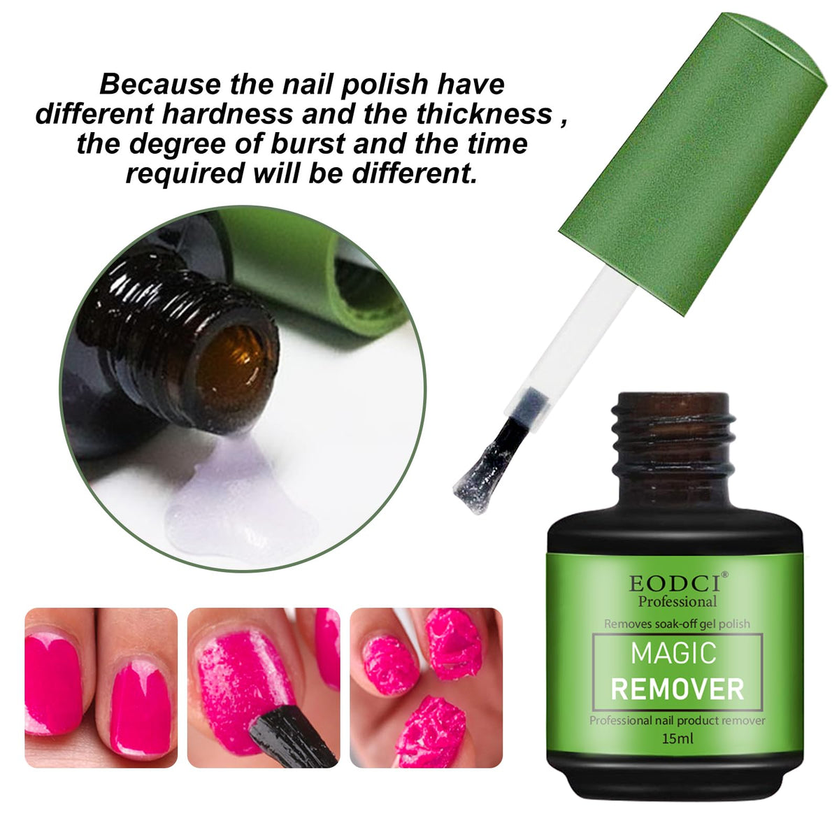 Eodci Nail Remover peel-off effect shows gel lifting from the nail.