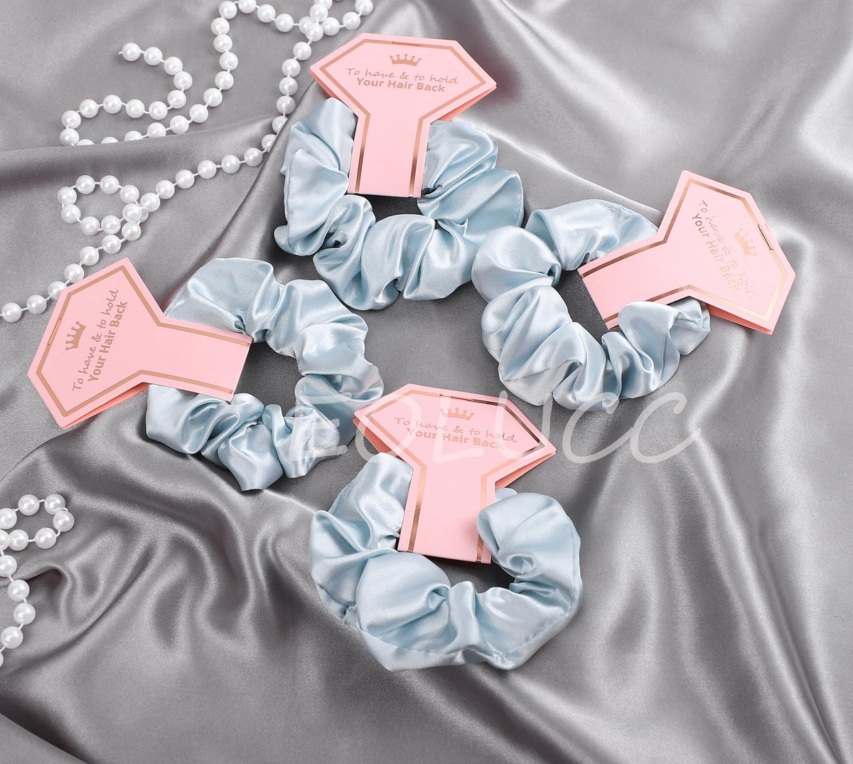 Diamond shaped card packaging with EOLUCC satin scrunchies enhances elegant bridesmaid gifts.