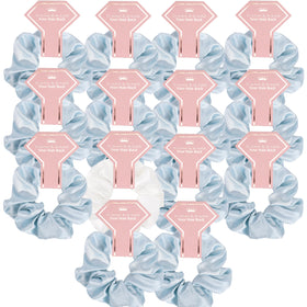 EOLUCC satin bridesmaid scrunchies in white and blue, ideal for bridal party coordination.