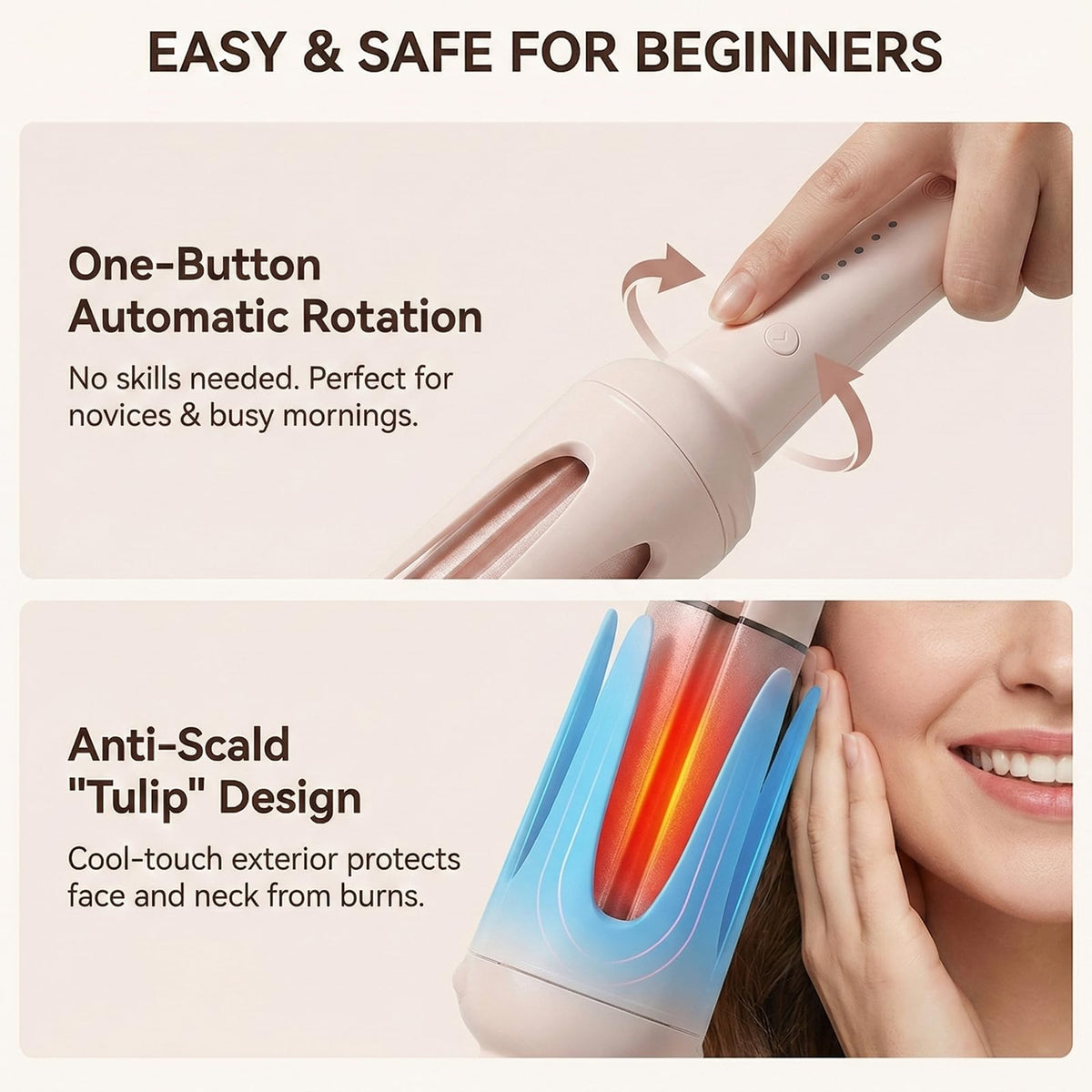 Ceramic barrel emits 500 million ions for shine and frizz control.