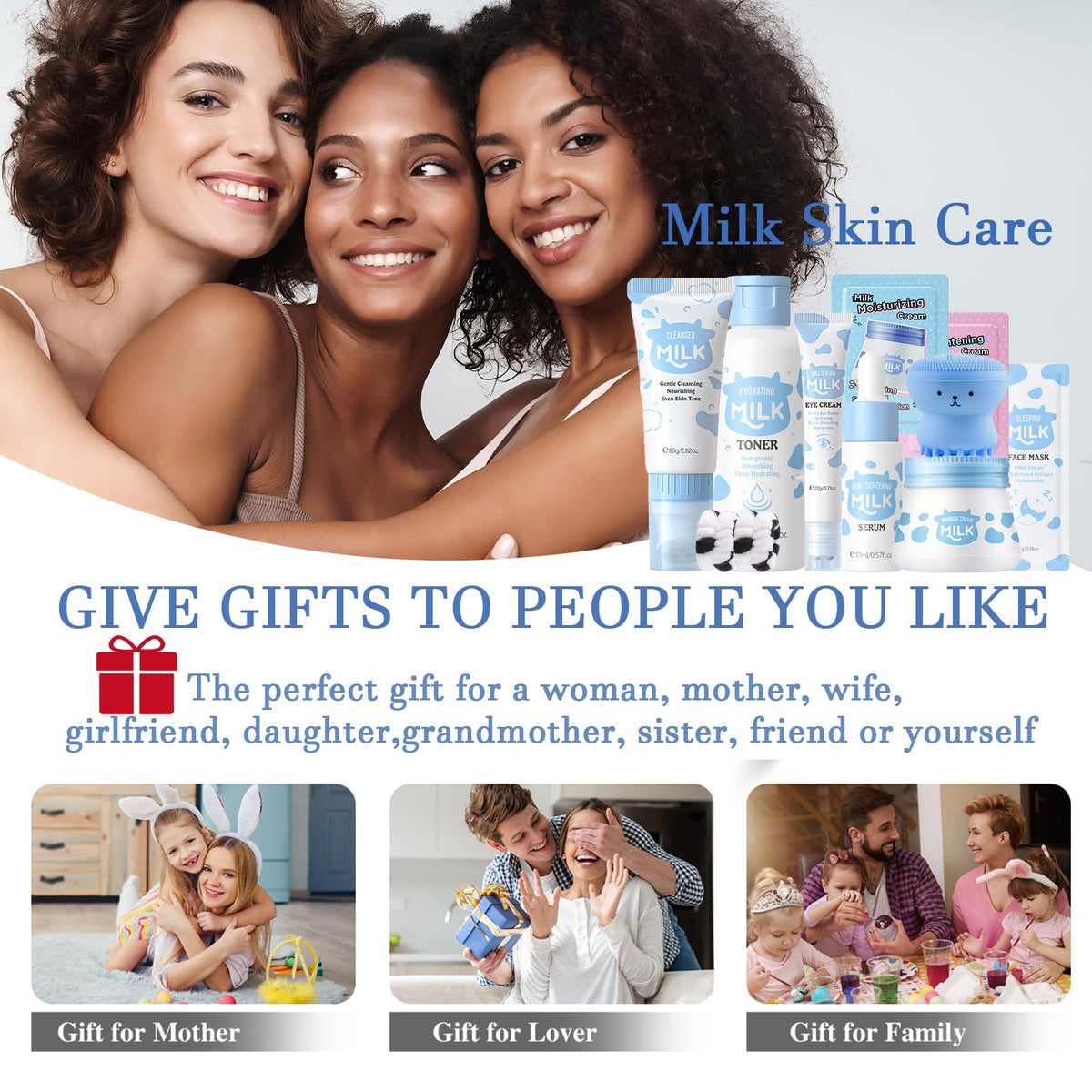 EONFAVE Milk Skin Care Set travel kit; compact on-the-go essentials for hydrated skin.