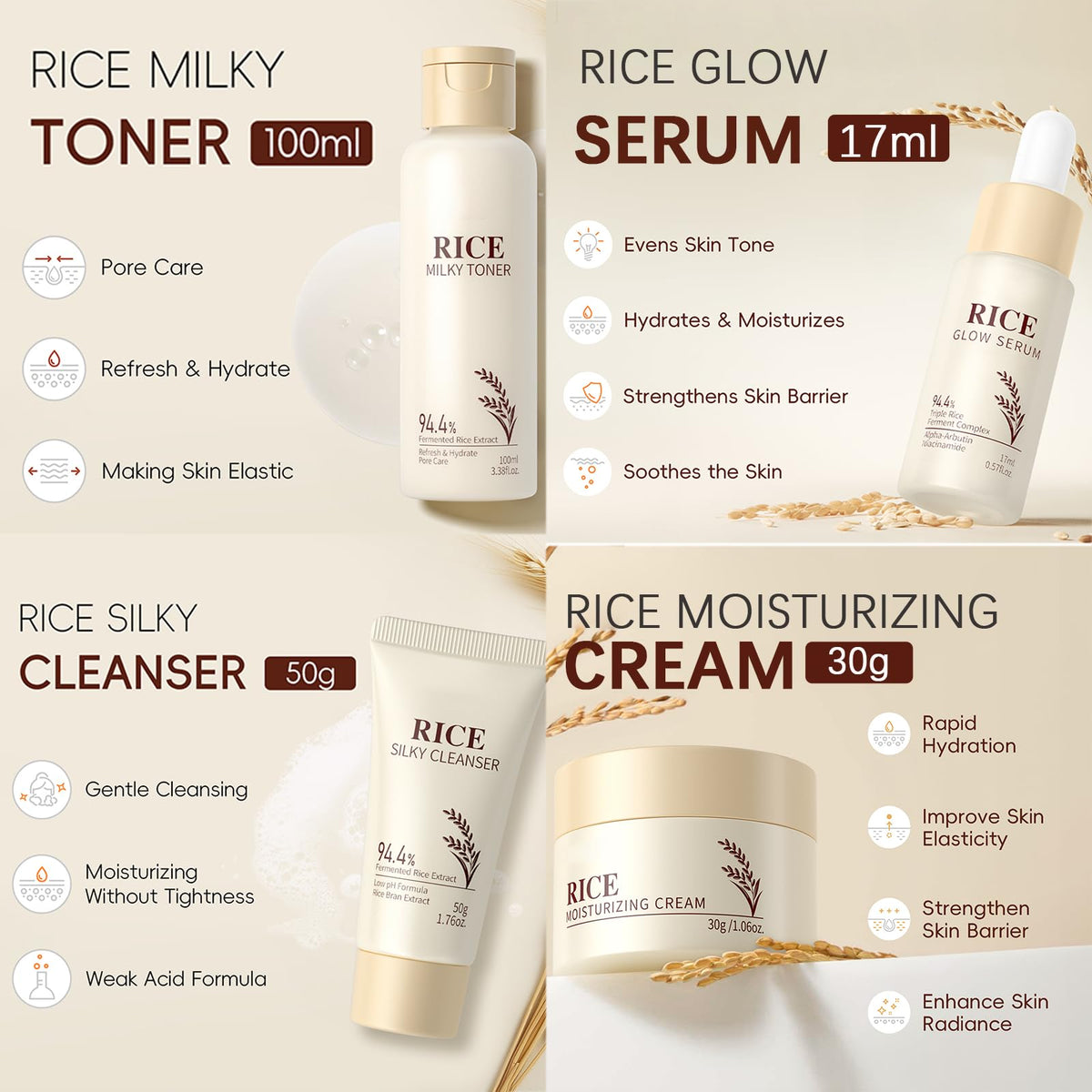 EONFAVE Rice Skincare Set toner: balances moisture and preps skin for routine.
