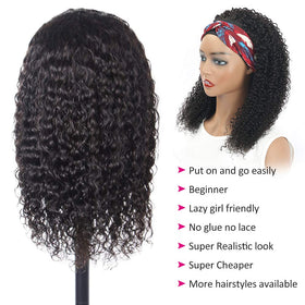 Eooma Kinky Curly Headband Wig No Gel front view highlights natural hairline.