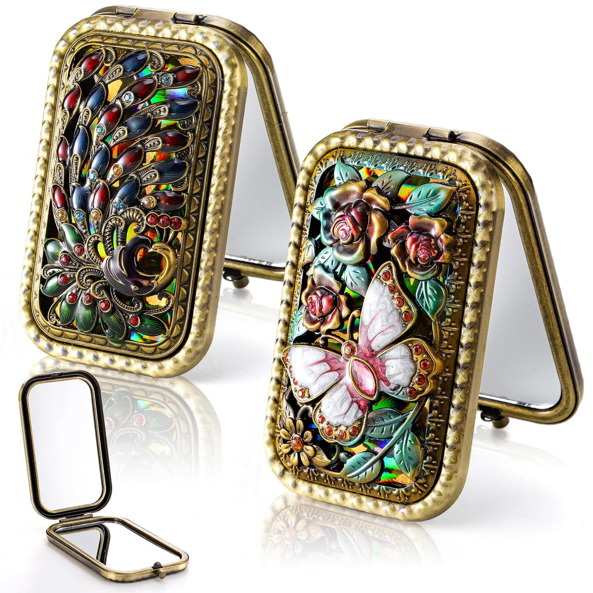 Eorbow butterfly compact mirror closed, portable touch-up companion.