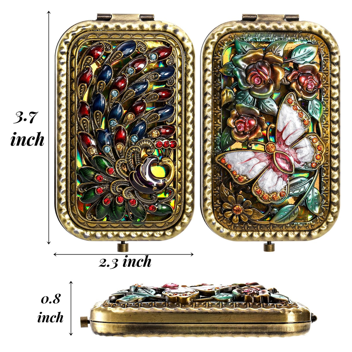 Eorbow butterfly compact mirror open, magnification for precise makeup.