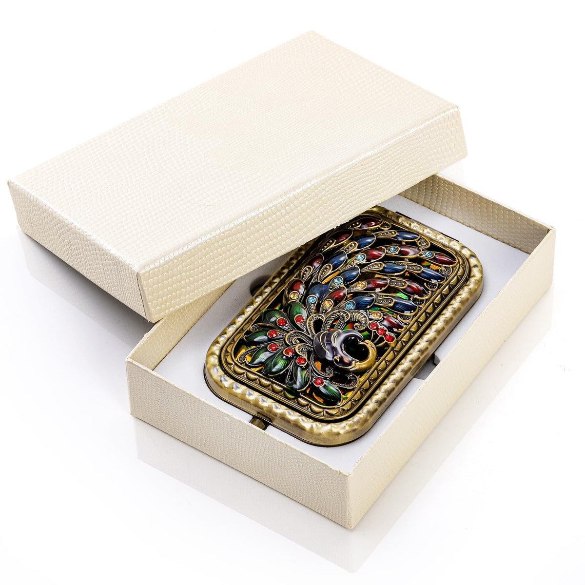 Eorbow peacock compact mirror open, two-sided design for quick checks.