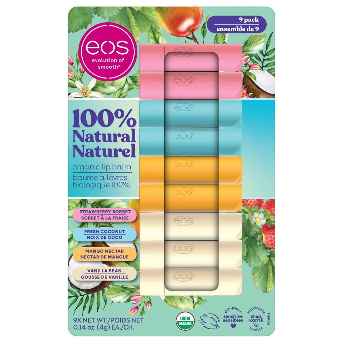 EOS lip balm 9-pack with natural shea butter in strawberry sorbet coconut mango nectar vanilla bean