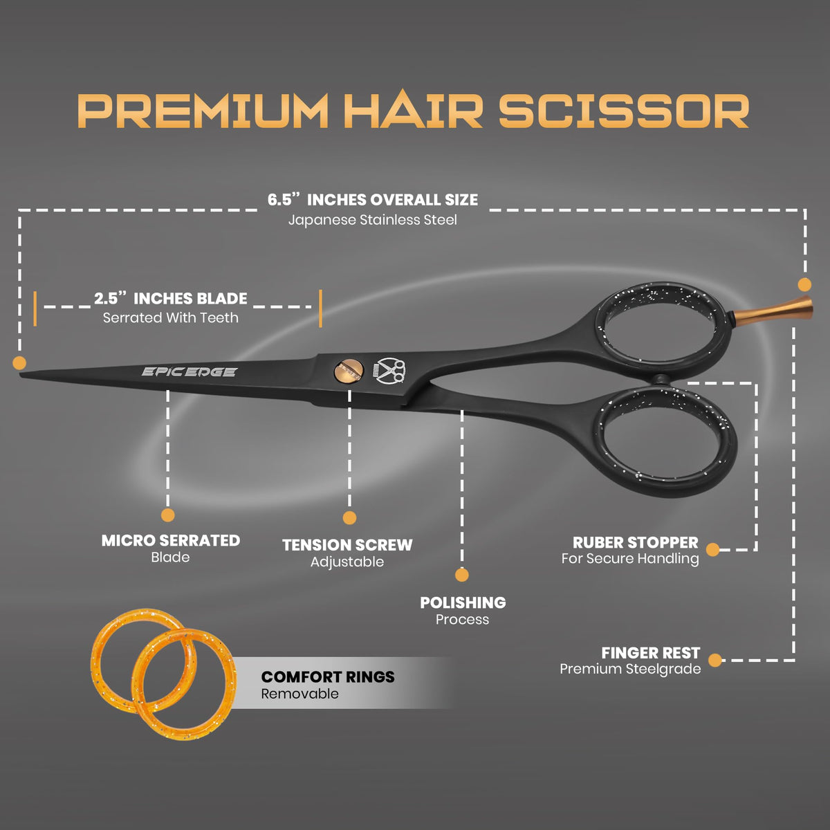 Epic Edge serrated blade detail helps prevent hair slip during trimming.