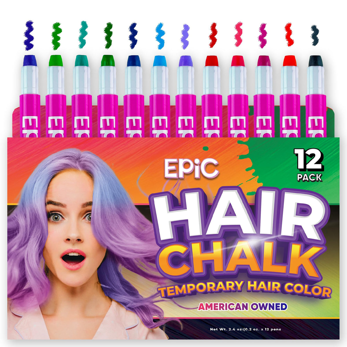 Epic Hair Chalk 12-color sticks deliver vibrant, temporary color on hair