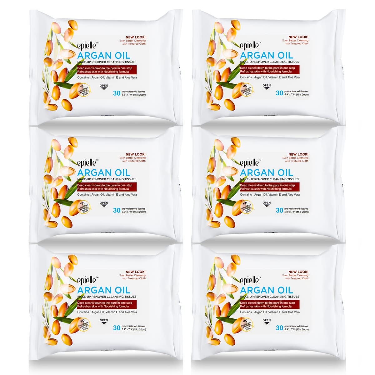Epielle Argan Oil Makeup Remover Wipes six-pack display for bulk skincare