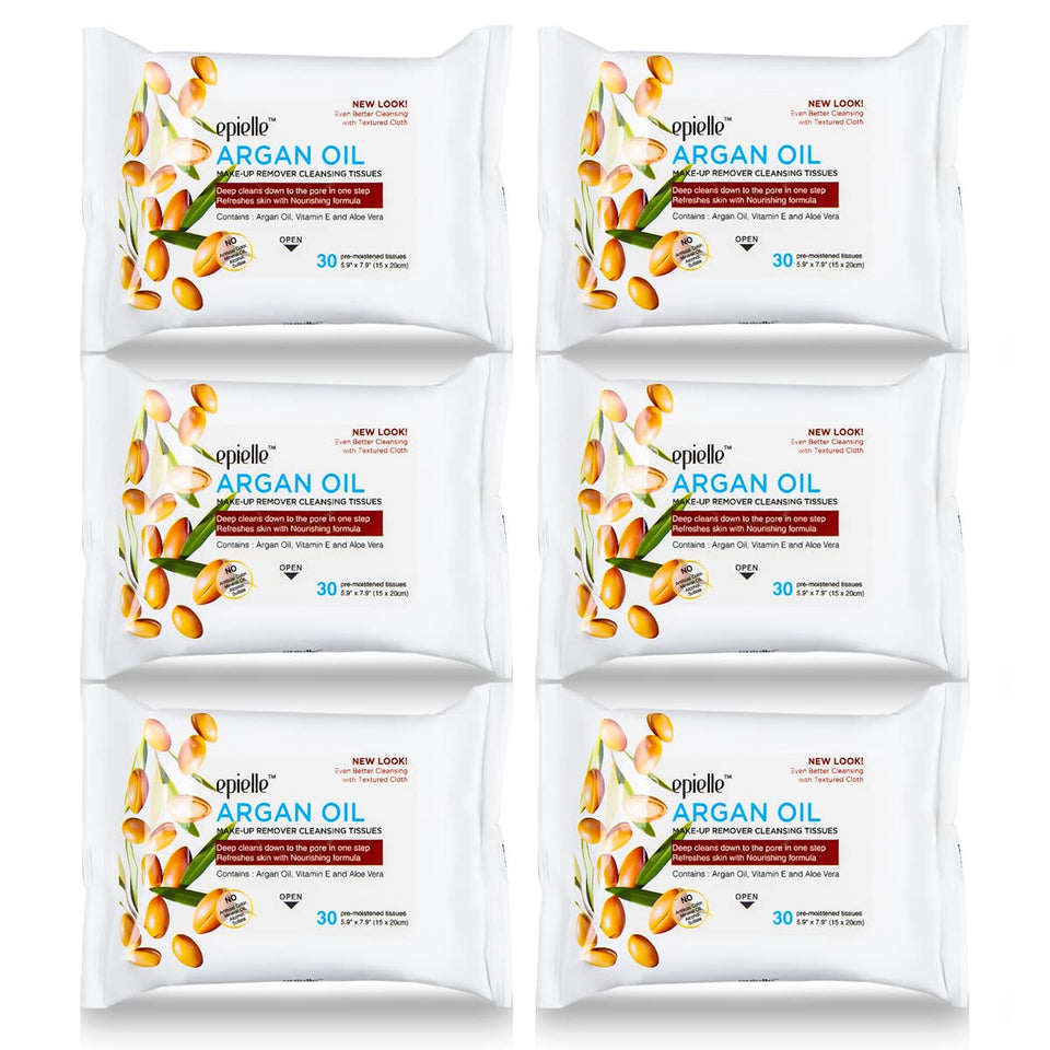 Epielle Argan Oil Makeup Remover Wipes six-pack display for bulk skincare