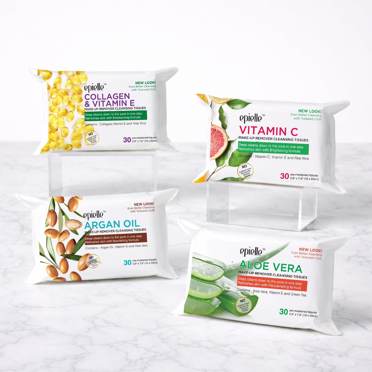 Six-pack label on Epielle Argan Oil Makeup Remover Wipes bulk packaging