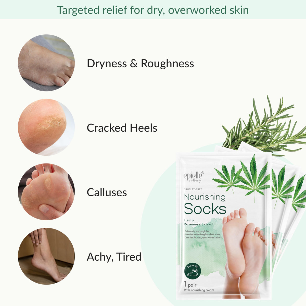 Epielle hemp seed oil and rosemary extract as soothing foot care ingredients.