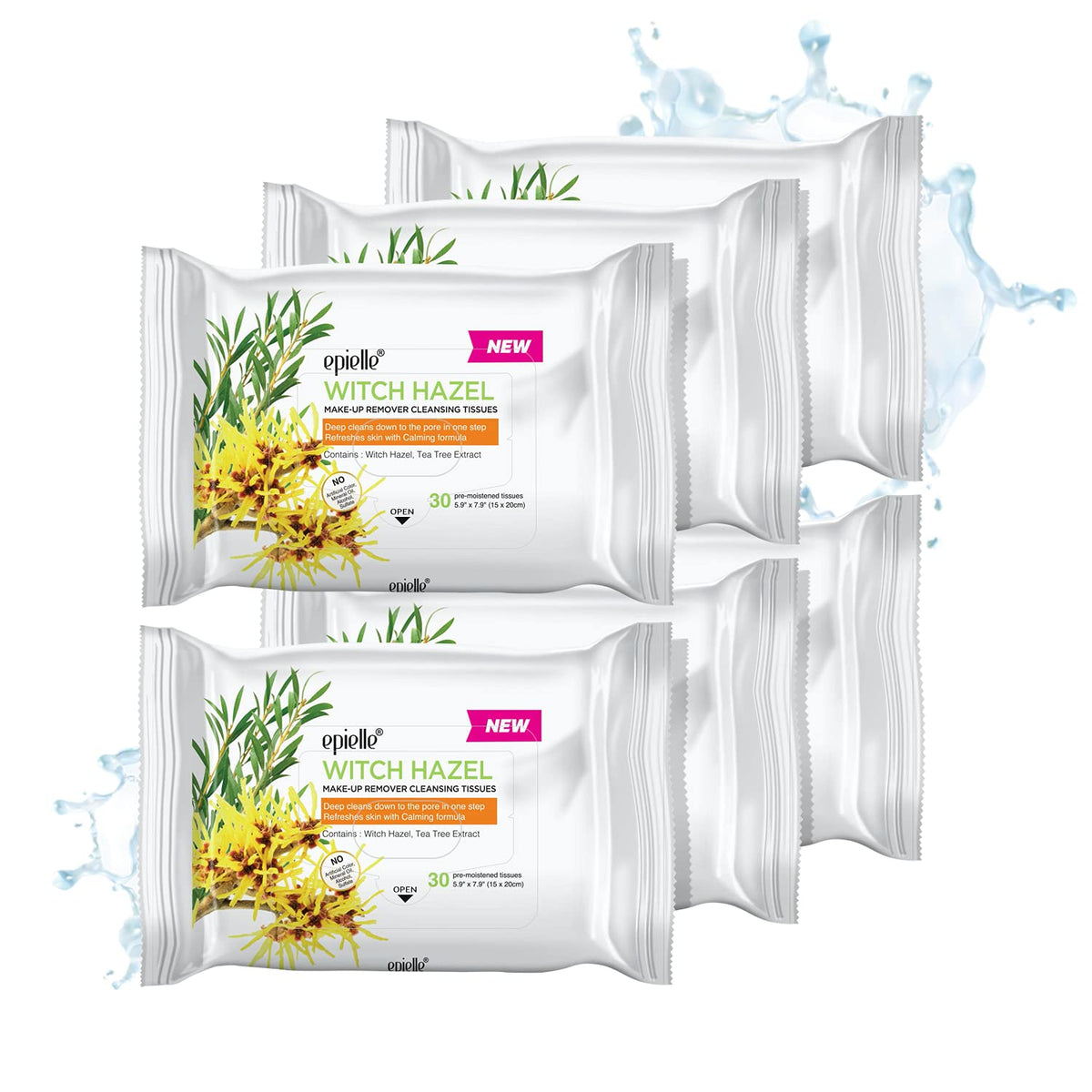 Epielle Witch Hazel makeup remover wipes pack, convenient six-pack, ideal for skincare on the go.