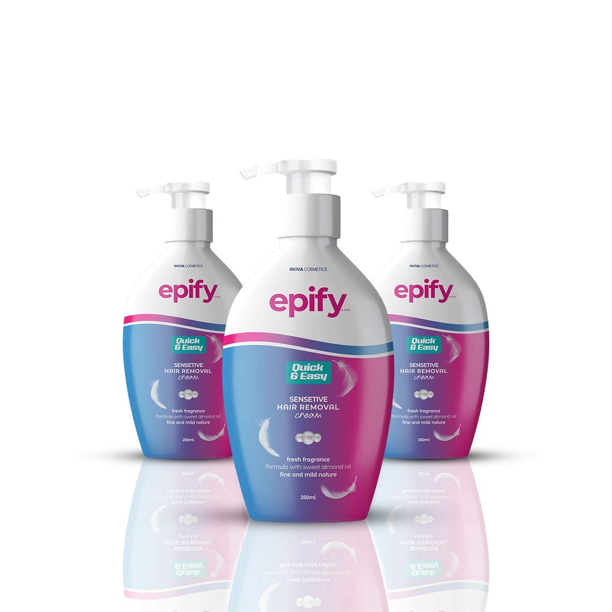 Epify by bubbly pack-shot showing three tubes for long-lasting smooth skin.