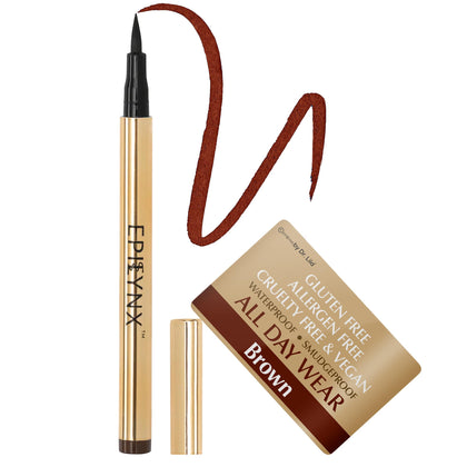 EPILYNX liquid eyeliner with fine brush tip creating precise brown line for sharp definition.