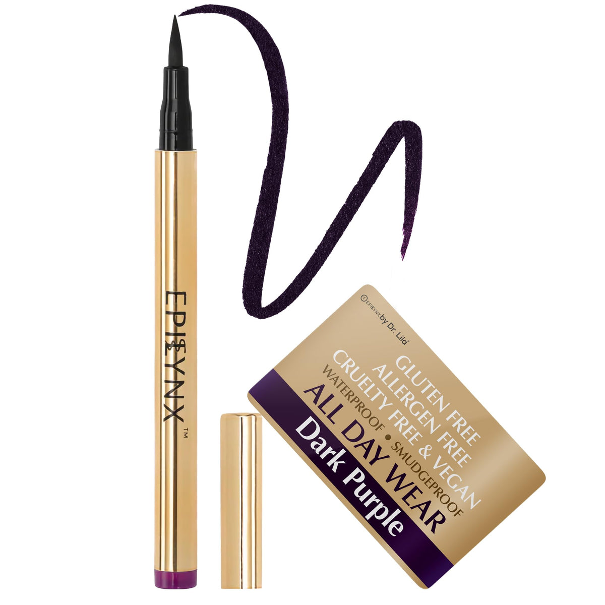 EPILYNX liquid eyeliner in dark purple with a fine brush tip for precise lines.