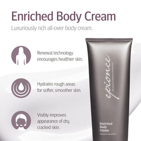 Epionce Enriched Body Cream rich texture in a jar for deep moisturization.