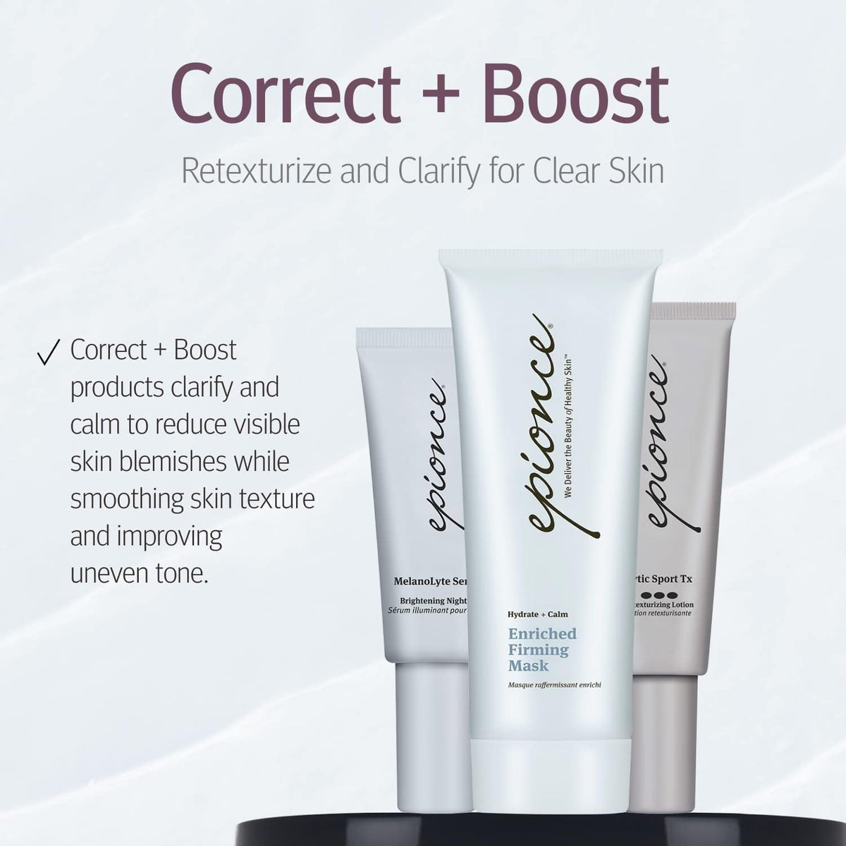 Epionce Lytic Tx bottle with cream swirl conveys lightweight texture.