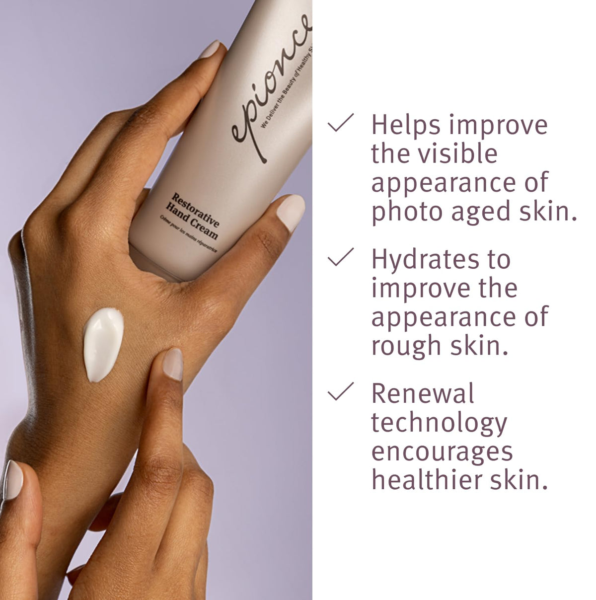Epionce Restorative Hand Cream application demonstrates quick-absorbing formula