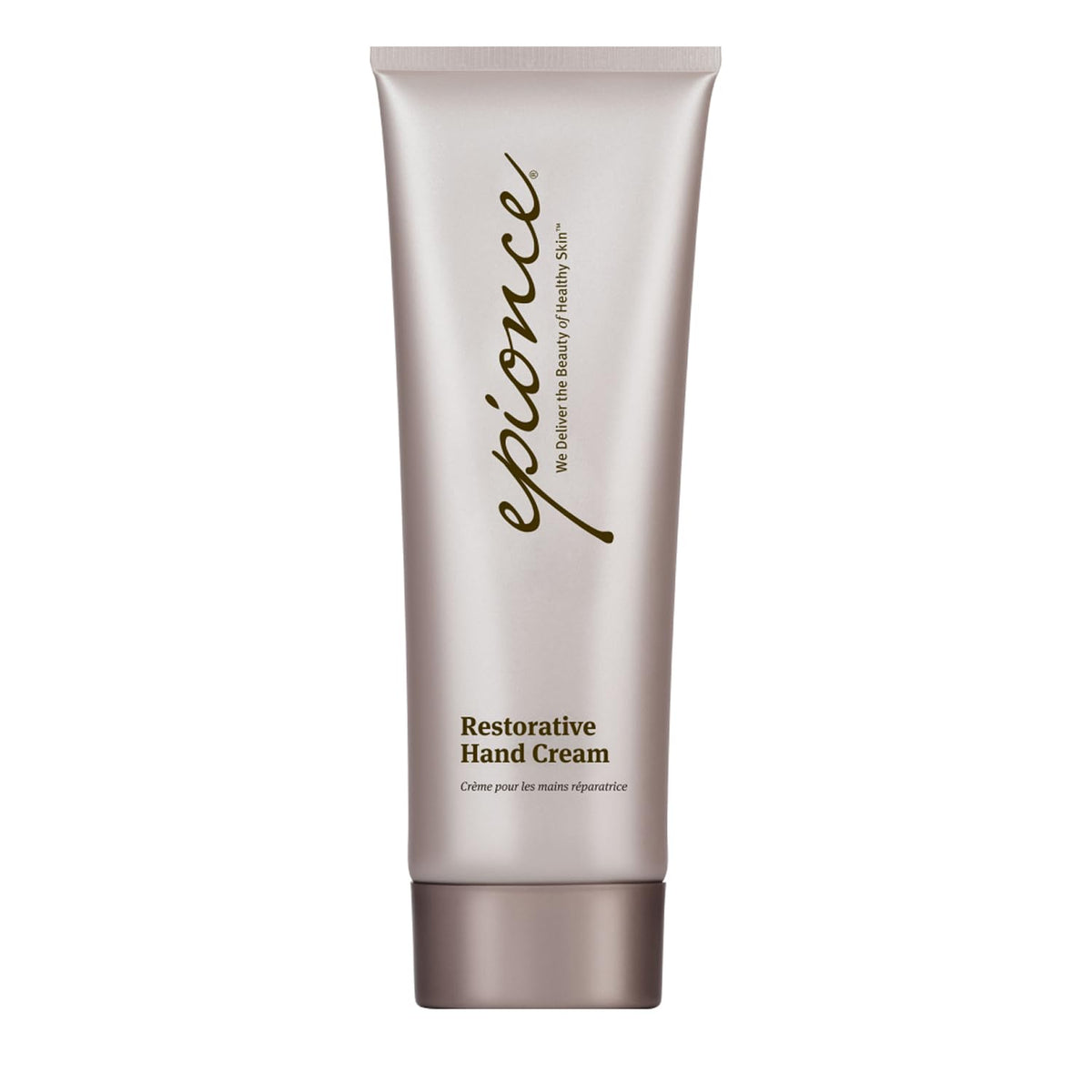 Epionce Restorative Hand Cream bottle shows non-greasy hydration for daily use