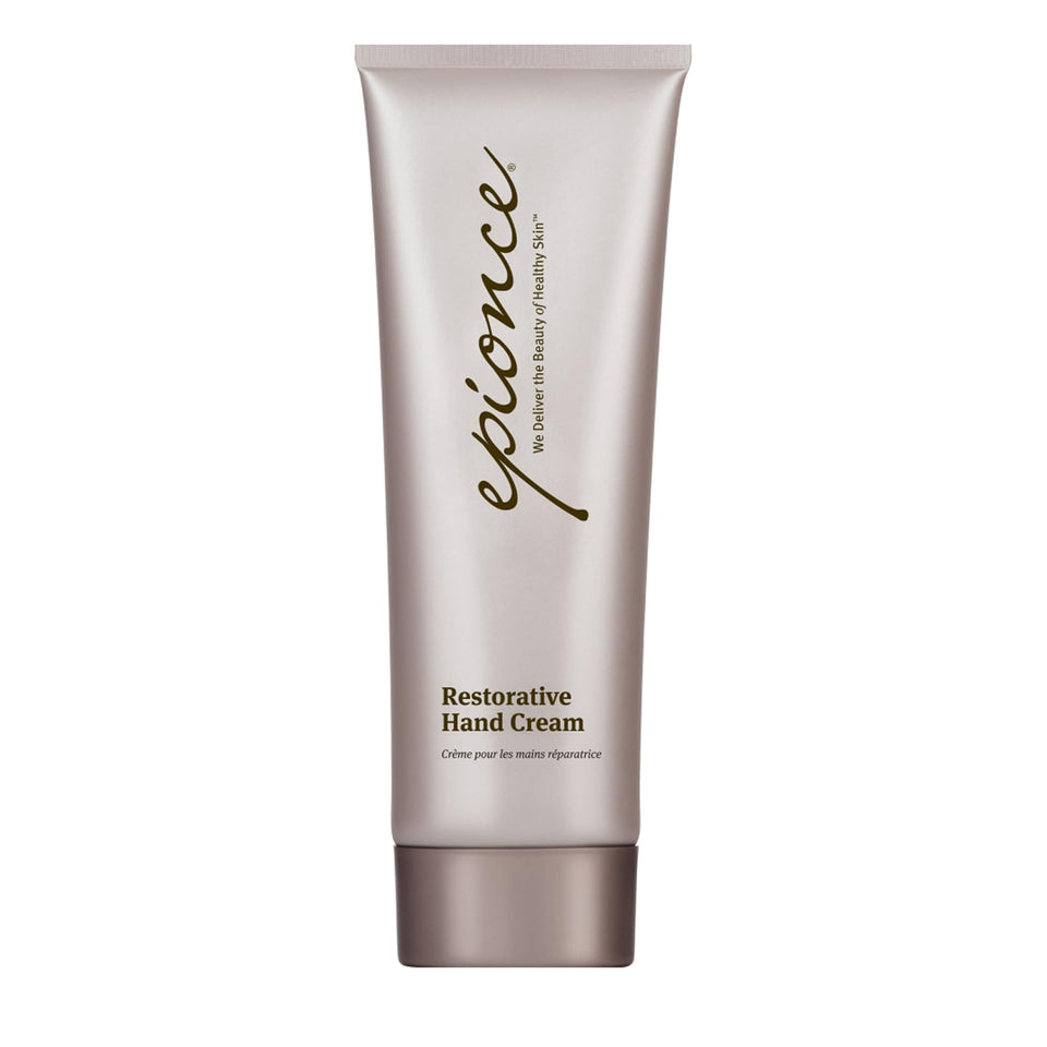 Epionce Restorative Hand Cream bottle shows non-greasy hydration for daily use