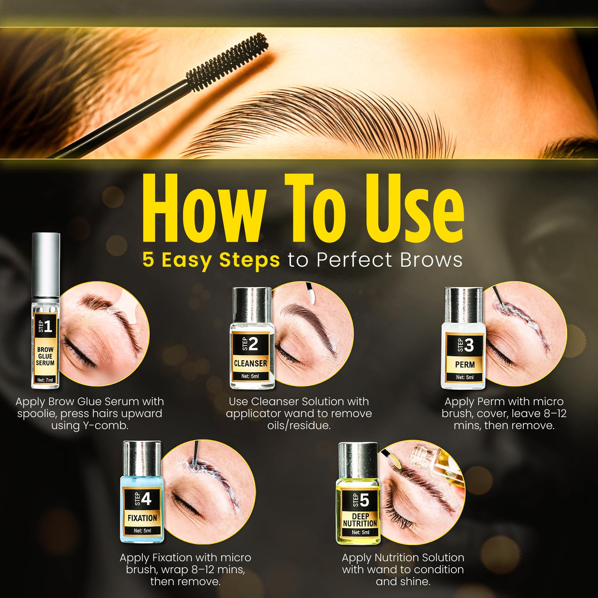 Epocha Brow Kit includes brushes and combs for precise shaping.