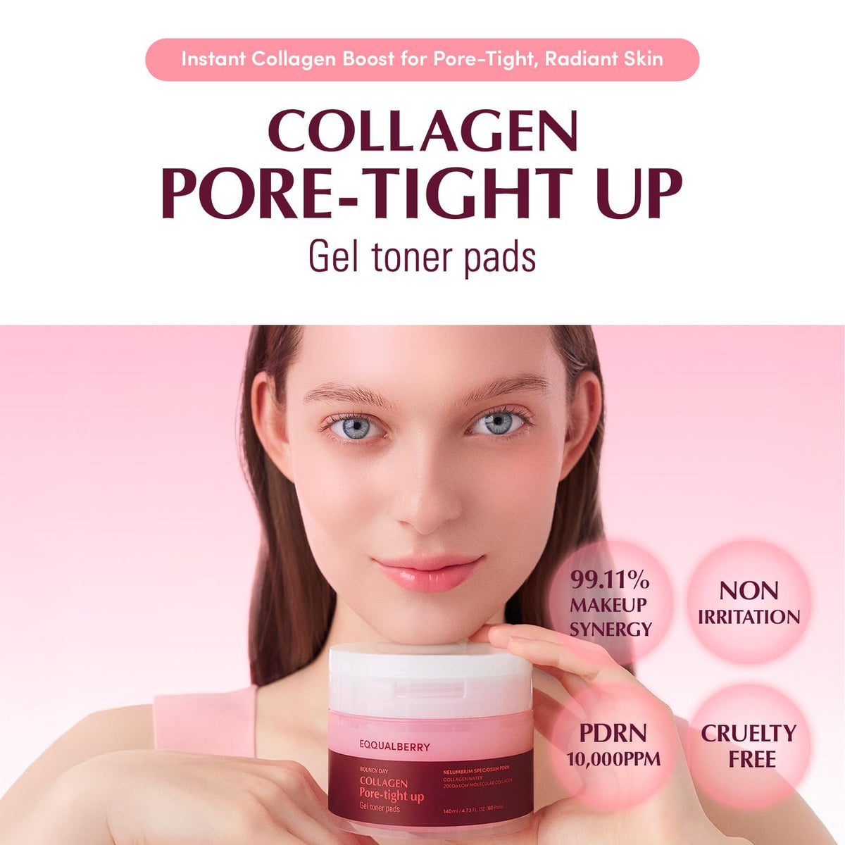 EQQUALBERRY Collagen Pore-Tight Pad Closeup revealing gel texture for easy application