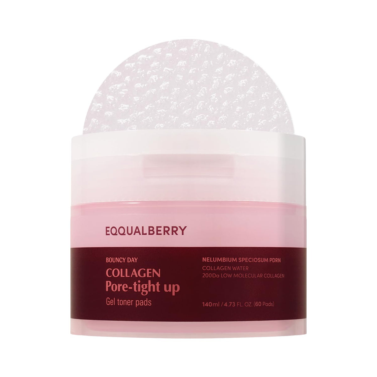 EQQUALBERRY Collagen Pore-Tight Pad Pack showing hydrating gel texture for refreshed skin