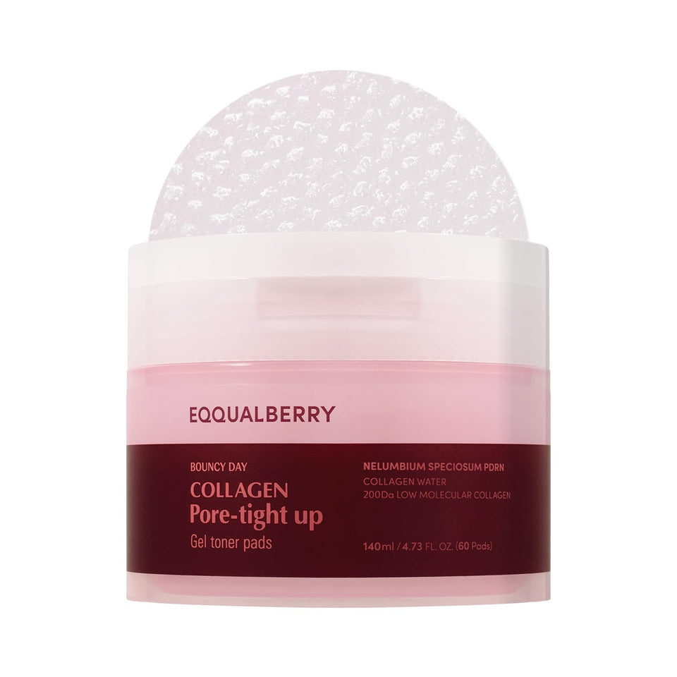 EQQUALBERRY Collagen Pore-Tight Pad Pack showing hydrating gel texture for refreshed skin