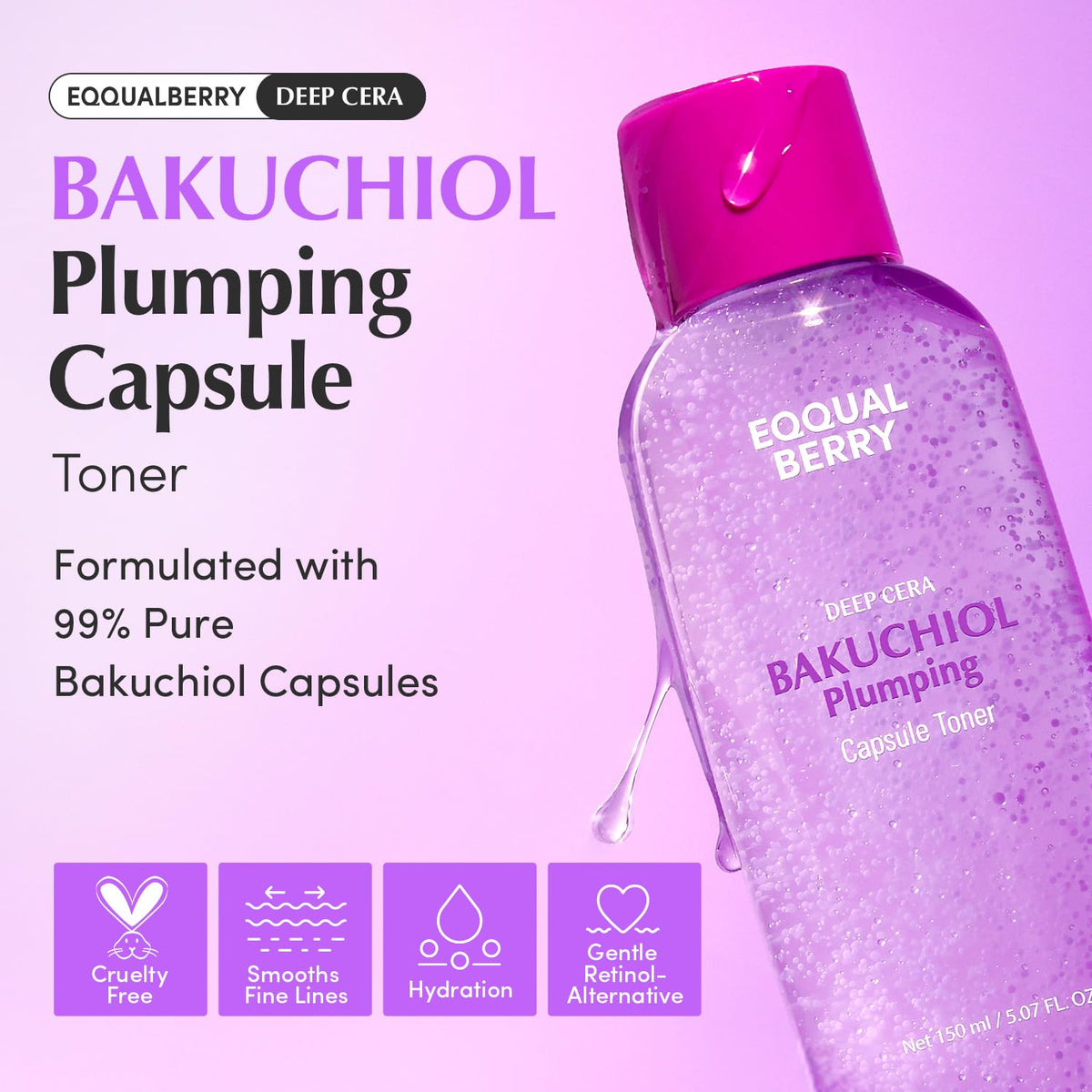 EQQUALBERRY toner bottle being poured for gentle hydration and soothing start.